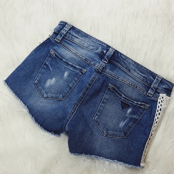 Guess Lace Sides Denim Distressed Shorts - Picture 7 of 8
